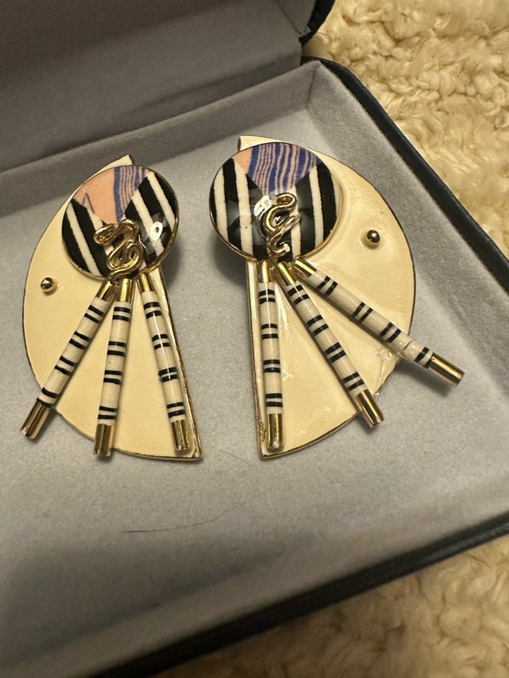 80s Graphic Cream & Black Drop Earrings with Striped Accents